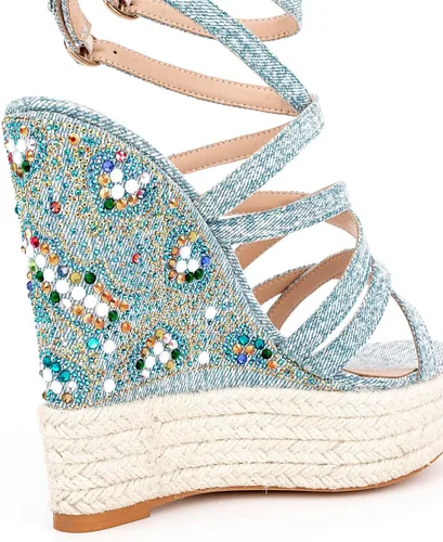 Vista 4 de WENOREG Sandalias de tacón alto con diamantes de imitación para mujer, con hebilla doble ajustable, correa cruzada de moda de verano, puntera