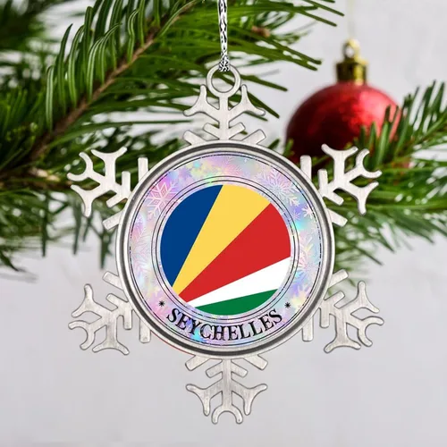 Vista 2 de Bandera de Seychelles - Adorno de Navidad personalizado de Seychelles 2023, recuerdo de viaje de ciudad, adornos de copo de nieve, adornos de metal