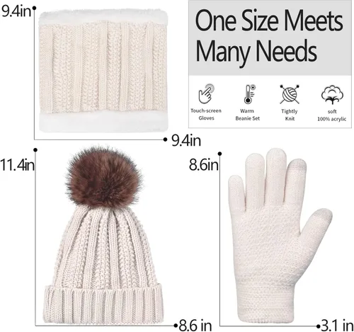 Vista 6 de Conjunto de guantes de invierno para mujer, gorro de forro polar, bufanda para pantalla táctil, guante 3 en 1