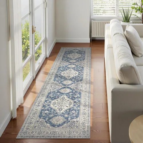 Vista 12 de Lahome Alfombra oriental lavable de área pequeña, 2 x 3 pies, para entrada, cocina, ultra fina, suave, tapete antideslizante para puerta de Azul