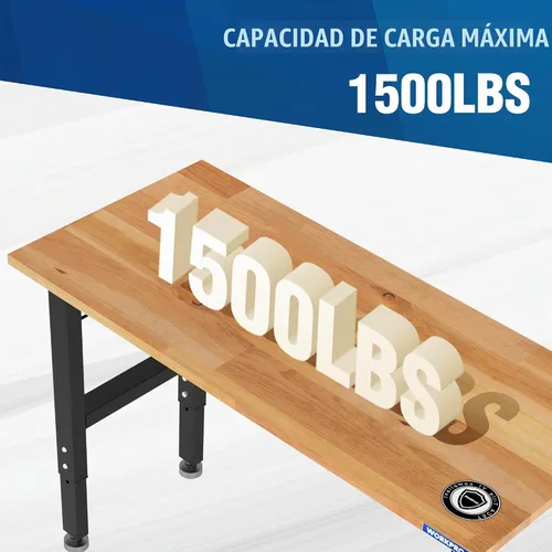 Vista 2 de WORKPRO Banco de trabajo de garaje ajustable, escritorio de trabajo resistente con parte superior de madera de goma de 48 x 22 pulgadas, con tomas