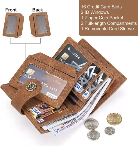 Vista 4 de CLUCI Billeteras pequeñas para mujer, con bloqueo RFID, de cuero, triple, compactas, con ventana de identificación, monedero con cremallera