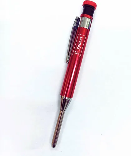 Vista 4 de Lápiz de carpintero mecánico de metal EXcraft rojo con agujero profundo con sacapuntas integrado para arquitecto, construcción, carpintería