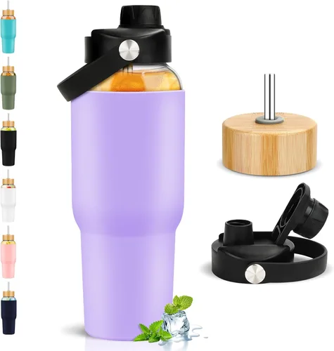 Vista 7 de PROBTTL Botellas de agua de vidrio de 32 onzas, vaso de vidrio de 1 litro, botella de agua de borosilicato con popote, funda de silicona, 2 tapas