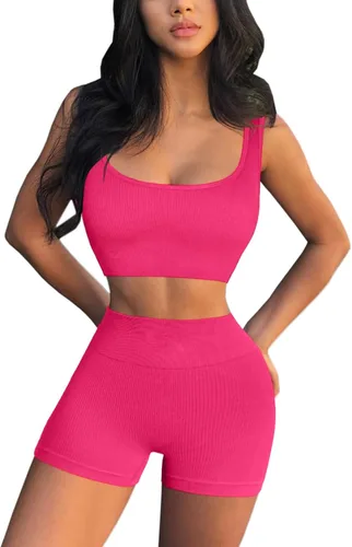 Vista 4 de QINSEN Conjuntos de entrenamiento para mujer, 2 piezas, sin costuras, camiseta acanalada sin mangas, pantalones cortos de cintura alta, atuendo