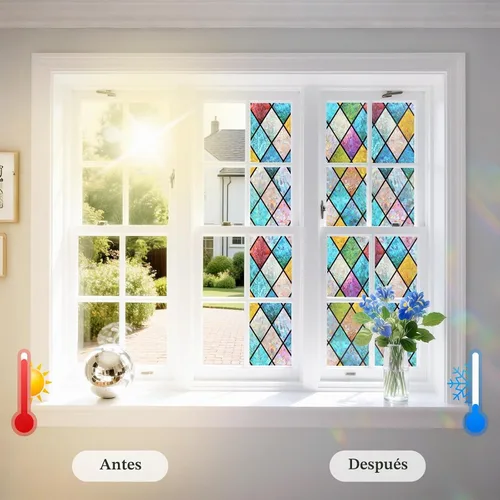 Vista 4 de WPCTEV Película de privacidad para ventana de arco iris, rombo 17.5 3D-cuadrado
