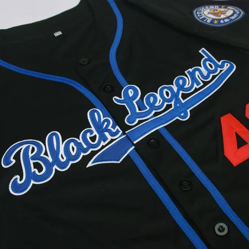 Vista 5 de Dabuliu Camiseta de béisbol retro Black Legend 42 para hombre, parches bordados, camisetas hipster hip hop cosidas