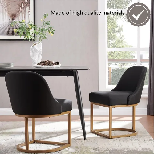 Vista 7 de Leick Home 214536 Barrelback Silla de comedor con base de metal, juego de 2, para comedor, asiento moderno de lino negro y base de metal dorado