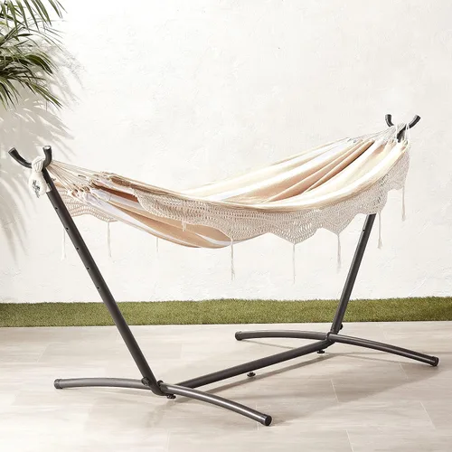 Vista 7 de Amazon Basics Hamaca doble con soporte de acero de 9 pies que ahorra espacio y funda de transporte, 2 personas, capacidad de 450 libras, rayas beige
