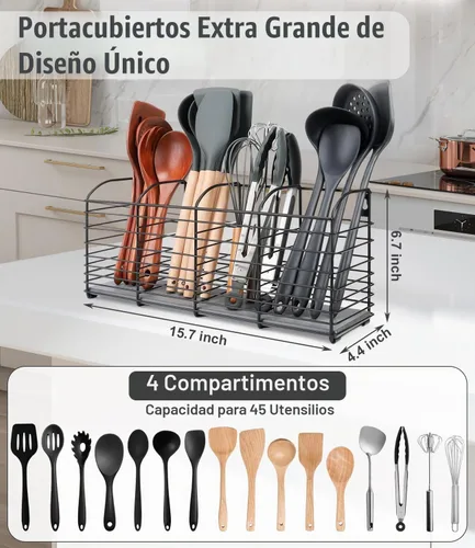 Vista 3 de Soporte grande para utensilios de cocina de 4 compartimentos con base de tierra de diatomeas