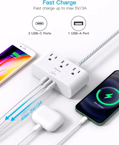 Vista 4 de HANYCONY - Tira de alimentación de enchufe plano de 6 pies, cable de extensión plano ultrafino, 3 tomacorrientes, 3 puertos USB (2 USB C), extensor