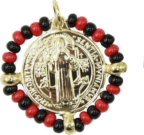 Vista 2 de San Benito Azabache Medalla - Medalla de San Benito Azabache chapado en oro de 18 quilates con cadena de 22 pulgadas