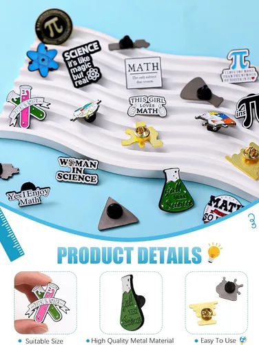 Vista 2 de Kigeli 20 broches de ciencias matemáticas lindos Pi Sign Pin Kawaii Química Ciencia Joyería Dibujos Animados Regreso a la Escuela Insignias