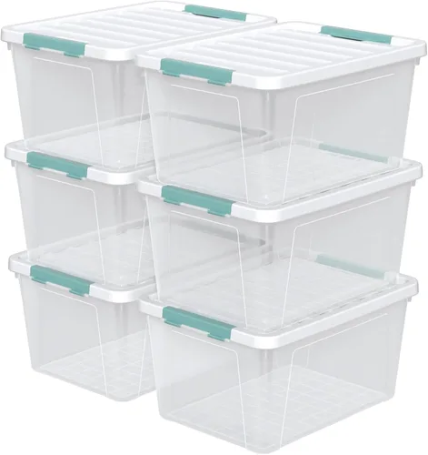 Vista 9 de Sandmovie Caja de plástico de 14 cuartos de galón con tapa, contenedor de almacenamiento transparente con asa, 6 paquetes