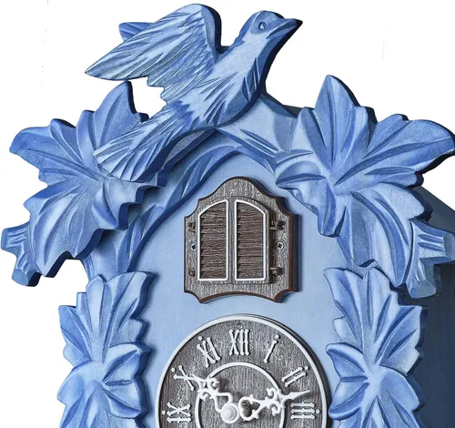 Vista 8 de TIMEGEAR Reloj de cuco con modo nocturno, decoraciones talladas a mano y péndulo oscilante (azul)
