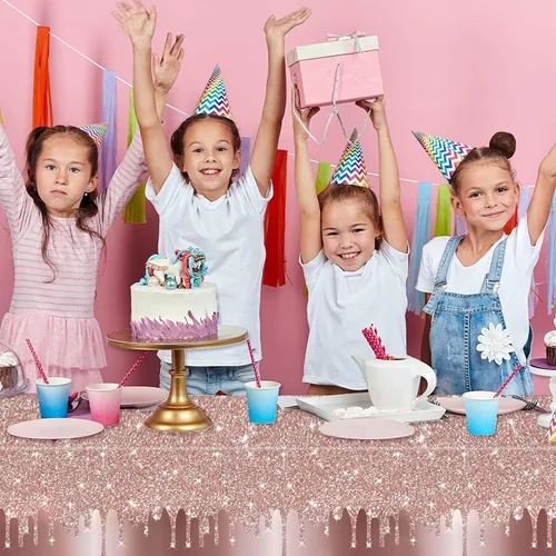 Vista 2 de 3 manteles de lentejuelas rosas y doradas para fiesta de cumpleaños, cubierta de mesa de oro rosa, diamantes con purpurina, fondo de feliz