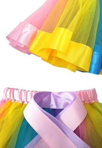 Vista 4 de BGFKS Falda de tutú de tul de ballet en capas para niñas pequeñas con lazos coloridos para el cabello, Arcoiris (Rainbow)