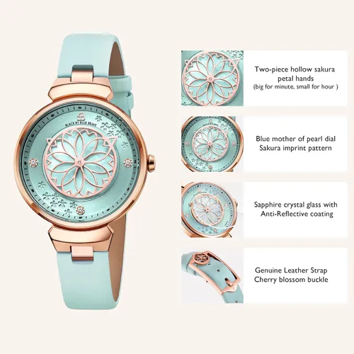 Vista 2 de Relojes de Mujer Flor de Cerezo Reloj de Mujer Esfera de Madreperla Reloj de Dama con Correa de Cuero Forma de Pétalo Sakura Relojes de Flor