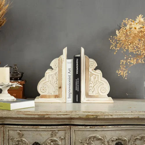 Vista 4 de 1 par de sujetalibros de madera con acabado rústico envejecido, sujetalibros blancos decorativos únicos, extremos de libro de granja