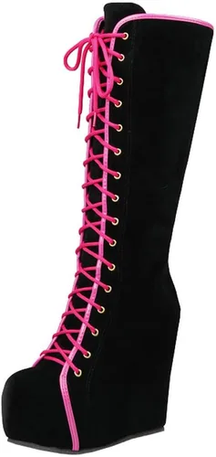 Vista 9 de Parisuit Botas góticas altas hasta la rodilla con hebilla de plataforma para mujer, tacón alto grueso, con cordones, botas de combate punk, con Negro