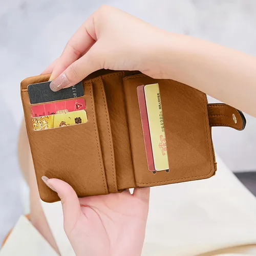 Vista 6 de Carteras pequeñas de triple pliegue para mujer, carteras Rfid para mujer, billeteras plegables de cuero para mujer, portatarjetas compactas