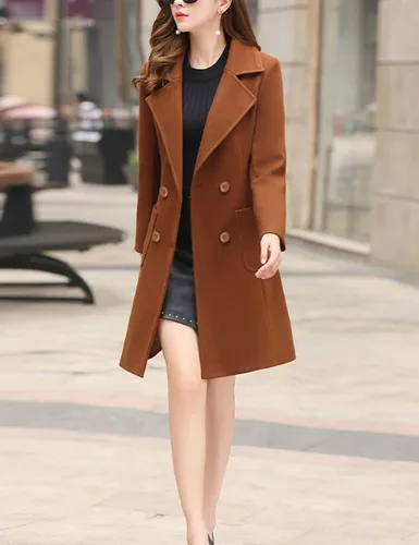 Vista 4 de Bankeng Chaqueta de solapa de doble botonadura con muesca para mujer, mezcla de lana de camello