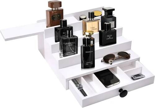 Vista 4 de 4 Tier White Cologne Organizer, Wooden Display Stand with Drawer Storage Blanco-4 niveles
