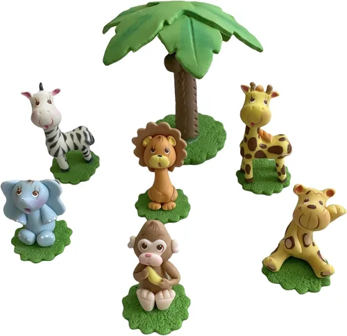 Vista 2 de Decoración para tartas de animales de la selva, juego de safari, para baby showers, cumpleaños, jirafa, mono, cebra, león, tigre, elefante, palmera