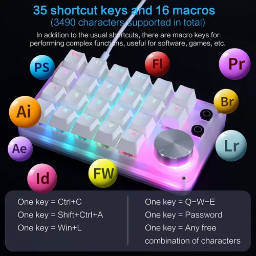 Vista 2 de Koolertron Teclado mecánico macro con una sola mano, teclado para juegos con una sola mano con teclas totalmente programables para perillas y llaves