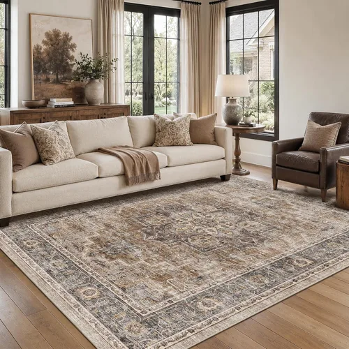 Vista 72 de Alfombra de pasillo vintage de 2 x 6 pies de pelo bajo Marrón beige