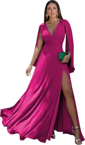 Vista 5 de Women's Long Sleeve Bridesmaid Dresses V-Neck Chiffon Ruched Formal Dress Evening Gown with Slit
