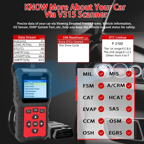 Vista 7 de V315 OBD2 Herramienta de diagnóstico, lector de código, herramienta de diagnóstico de luz de motor, probador de voltaje de batería, para coches