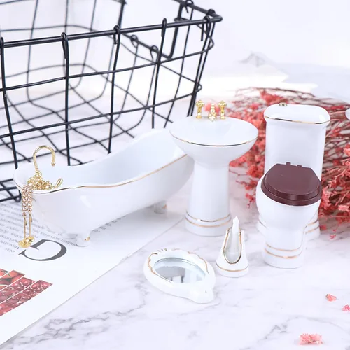 Vista 6 de 1:12 Juego de baño de porcelana en miniatura para casa de muñecas, 5 piezas, lavabo de cerámica blanca, espejo de bañera, muebles en miniatura