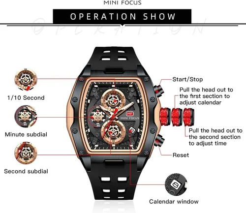 Vista 5 de MF MINI FOCUS Relojes de pulsera casuales únicos (cronógrafoimpermeableluminosocalendario) relojes de moda de banda de silicona para hombres