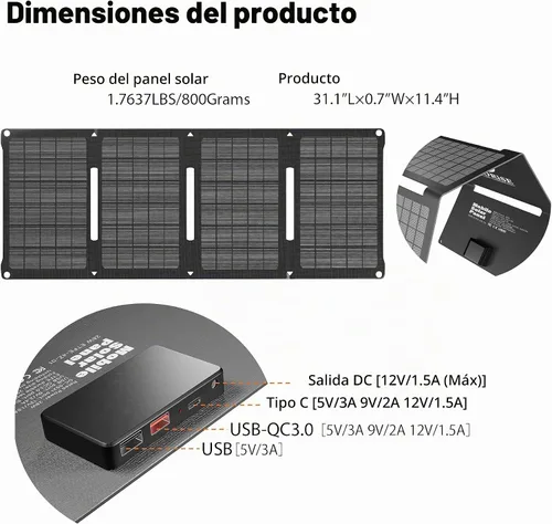 Vista 4 de Cargador de panel solar de 28 W, cargador solar portátil plegable con USB-C y salidas USB-A duales para teléfonos, tabletas, bancos de energía
