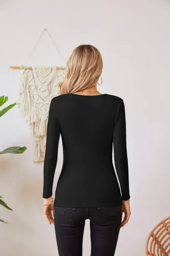 Vista 6 de VICHYIE Fall Clothes Womens Crewneck Ribbed Long Sleeve Shirts Slim Fitted Tee Casual Basic Tshirt Top Negro