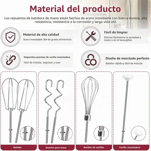 Vista 3 de Accesorios para batidora de mano, batidor, batidor, varilla de mezcla y ganchos de masa, accesorios de batidora de mano de acero inoxidable