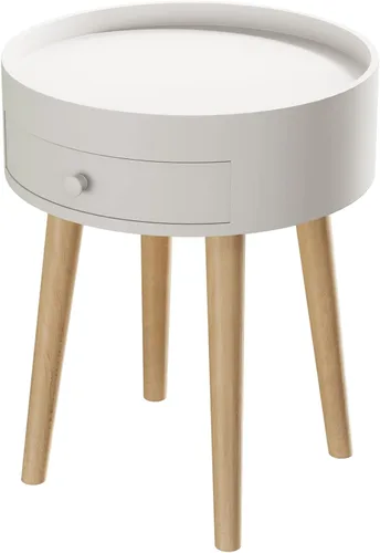 Vista 6 de Mesa auxiliar redonda blanca para sala de estar, mesita de noche moderna, mesa de centro pequeña con cajón para dormitorio, espacio pequeño, patas