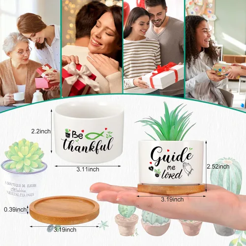 Vista 2 de 6 piezas de juego de regalos con versículos de la Biblia cristiana, gracioso juego de macetas para plantas suculentas con bandeja de bambú, maceta