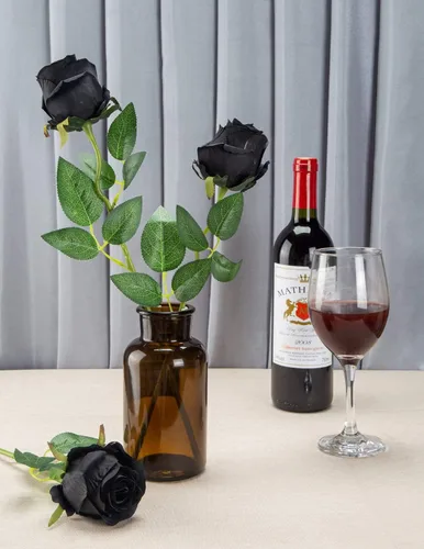 Vista 3 de 10 rosas artificiales de tallo largo, rosas de seda falsas para bricolaje, ramo de boda, mesa, centro de mesa, decoración del hogar (negro)