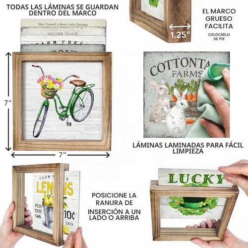 Vista 2 de Juego de 3 marcos de madera rústica para decoración de estantes, mantel o bandeja escalonada, 36 letreros intercambiables de temporada para el hogar
