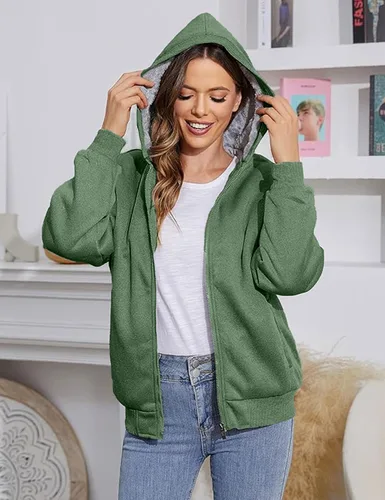 Vista 6 de PUWEI - Sudadera con capucha, con zíper y forro de felpa grueso, para mujer