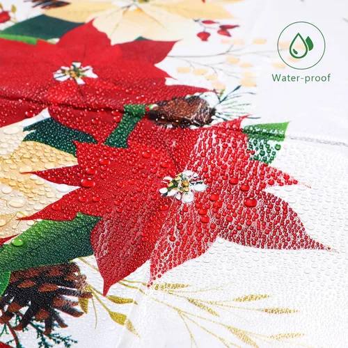 Vista 4 de Juego de manteles de plástico de 3 piezas, patrón de flor de pascua, rojo, rectangular y ovalado, desechable, resistente a las manchas
