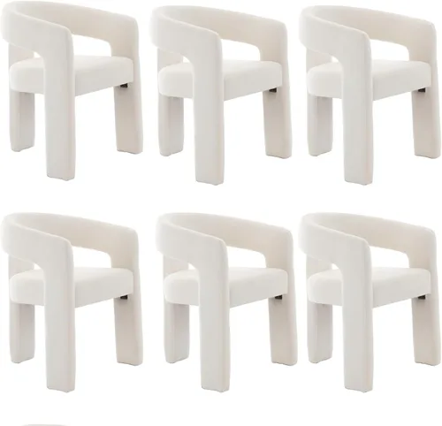 Vista 23 de Silla moderna de comedor en barril, silla de cocina acentuada tapizada en cuero sintético con brazos, silla lateral cómoda para sala de blanco