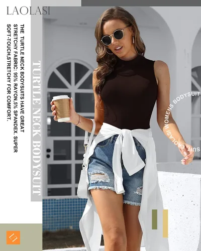 Vista 3 de LAOLASI Body ajustado sin mangas con cuello alto falso para mujer