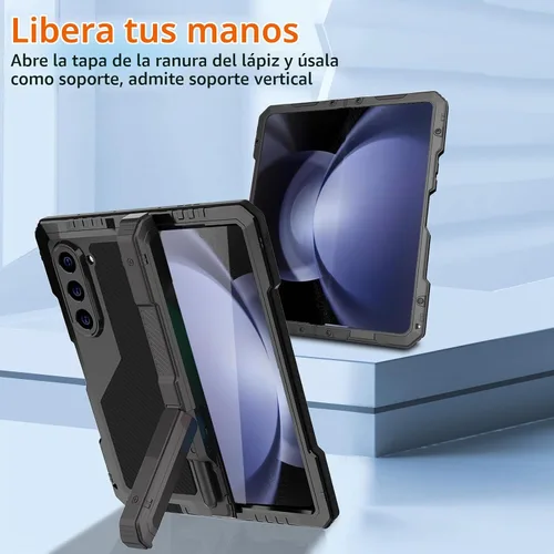 Vista 6 de Funda de metal para Samsung Galaxy Z Fold 5 con soporte para bolígrafo Fold5 S, resistente funda protectora de pantalla Z Fold 5, protector de Negro