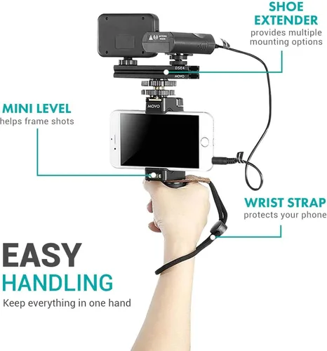 Vista 4 de Movo Kit de video inalámbrico para teléfono inteligente V2+ con trípode, agarre, micrófono de solapa inalámbrico, luz LED y control remoto,