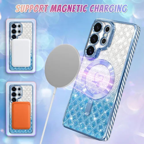 Vista 569 de Bonoma - Funda compatible con Samsung Galaxy S21 Plus, diseño de corazón con purpurina, color rosa Support for MagSafe, Plating Magnetic Case TPU