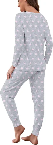 Vista 2 de DUSDIMON Conjunto de pijama de manga larga para mujer, conjunto de dos piezas con bolsillos, ajuste holgado