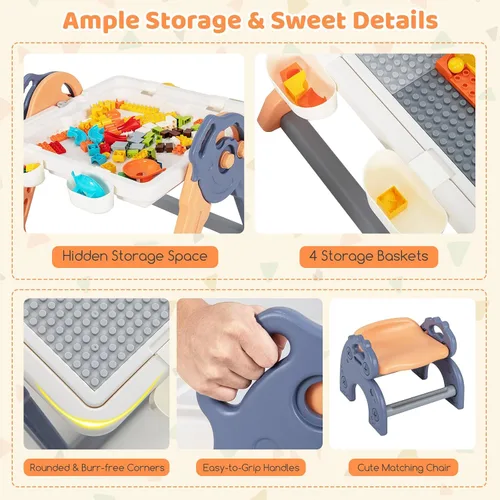 Vista 5 de Costzon Juego de mesa y silla 6 en 1 para niños, caballete de arte plegable con marcadores, borrador, 102 ladrillos compatibles, mesa de bloques